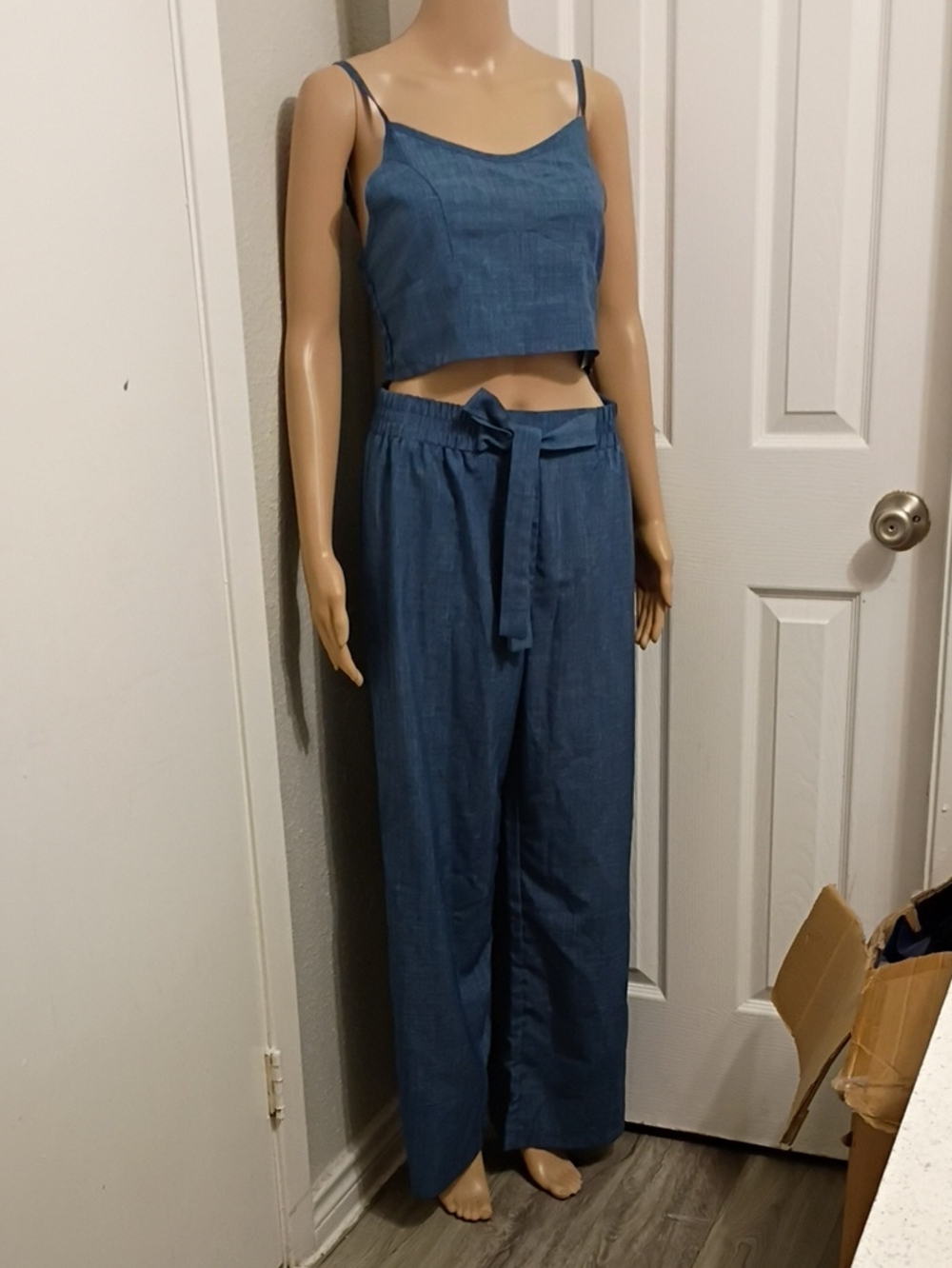 Women's Blue Wide-Leg Linen Pants with Tie Waist